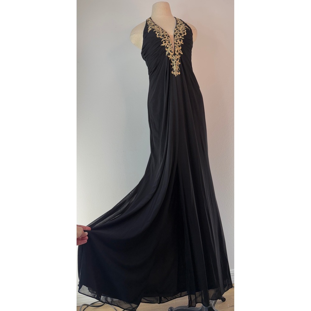 Vintage Y2K‎ Cachet Black Halter Maxi Dress Embroidered Special Occasion Prom